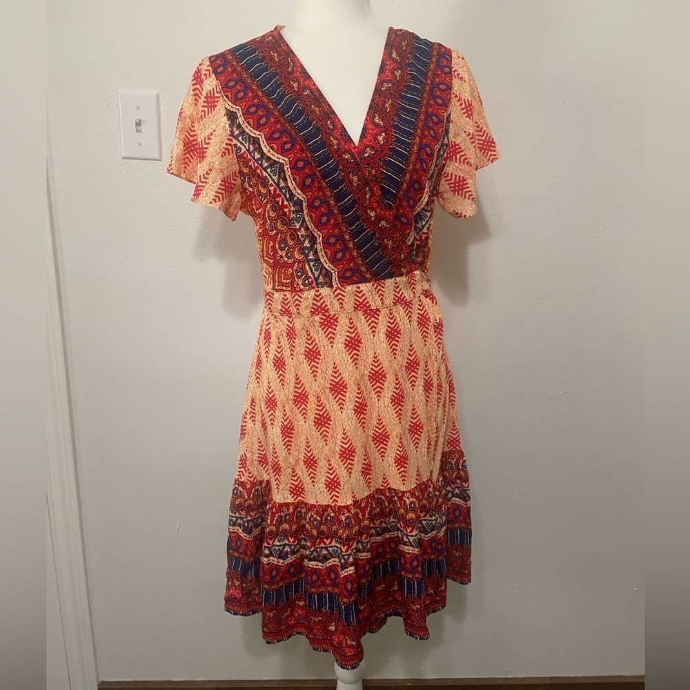Zesica women's M bright and bold boho print true wrap dress EUC - Picture 2 of 9